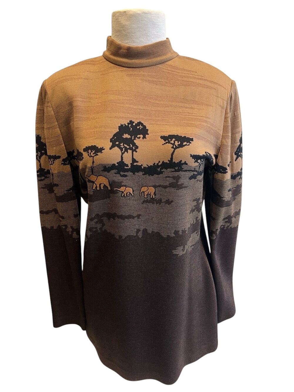 Vintage St John Collection Marie Gray Safari Print Mock Neck Zip Sweater Small